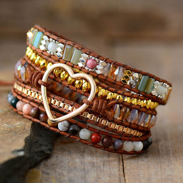 Bohemian Boho Natural Stone Crystal Beads Beaded Bracelet, Hand Woven Multi-layer Winding Bracelet for Women