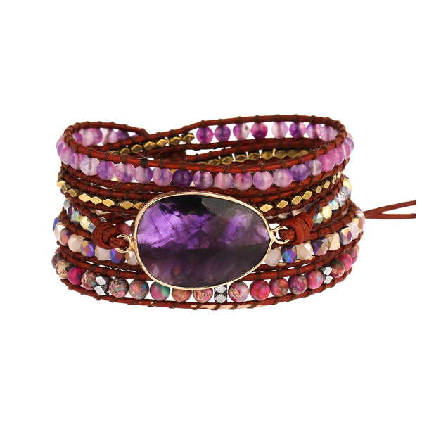 Vintage Multi-layer Wrapped Purple Crystal Stone Mixed Beads Bracelet for Women, Adjustable Hand Woven Bohemian Boho Beaded Bracelet