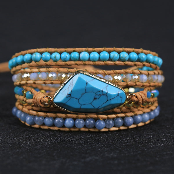 Geometric Turquoise Stone Crystal Beads Hand Woven Multi-layer Beaded Bracelet, Ethnic Style Retro Bohemian Boho Bracelet for Women