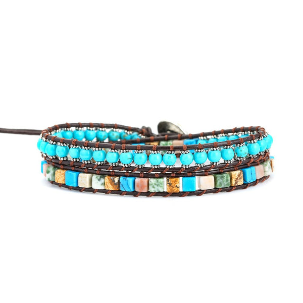 Turquoise Stone Beads Beaded Bracelet for Women, Hand Woven Double Layered Winding Vintage Bohemian Boho Adjustable Bracelet