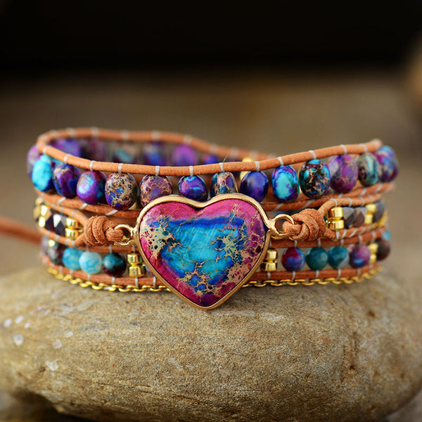 Retro Heart Natural Stone Beads Beaded Bracelet for Women, Leather Rope Multi Layer Wrapped Hand Woven Adjustable Bracelet