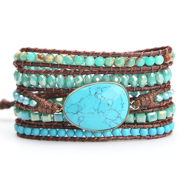 Handmade Woven Multi-layered Stone and Crystal Beads Beaded Bracelet, Bohemian Boho Vintage Adjustable Rope Bracelet for Women