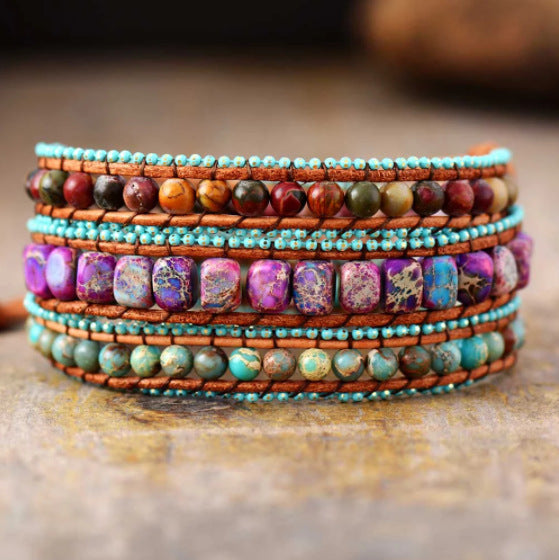 Bohemian Boho Vintage Leather Rope Multi-layer Natural Stone Beads Wrapped Beaded Bracelet for Women