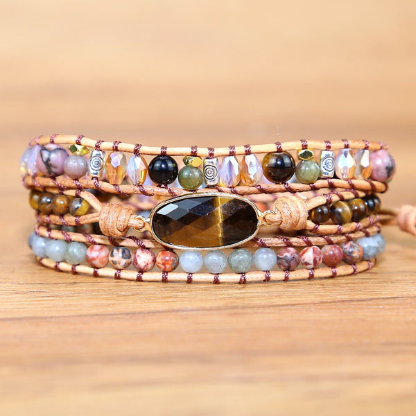 Multi Layered Vintage Stone Crystal Metal Mixed Beads Adjustable Bracelets with Leather Rope, Bohemian Boho Style Beaded Bracelet for Women