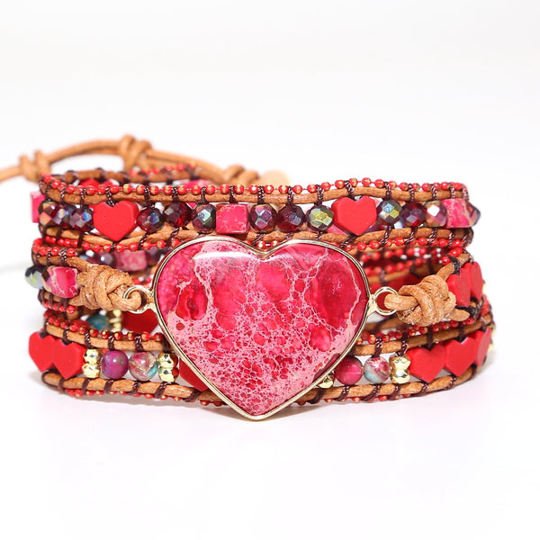 Bohemian Boho Heart Stone Crystal Mixed Beads Beaded Bracelets for Women, Vintage Multilayer Adjustable Bracelet with Leather Rope