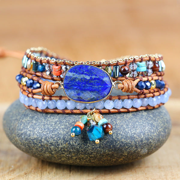 Hand Woven Multi-layer Wax Rope Stone Crystal Mixed Beads Beaded Bracelet, Boho Bohemian Vintage Adjustable Bracelets for Women