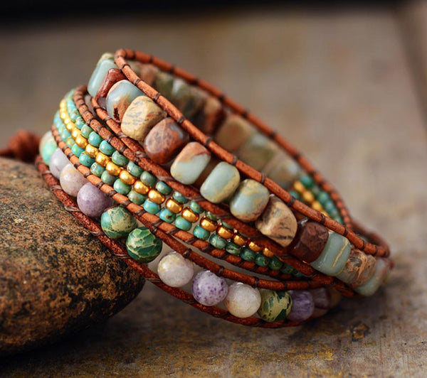Multilayer Natural Stone Beads Beaded Bracelet for Women with Leather Rope, Bohemian Boho Vintage Style Hand Woven Adjustable Bracelet
