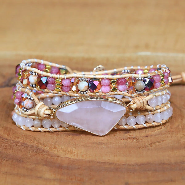 Pink Crystal Stone Beads Woven Multi-layer Beaded Bracelet with  Leather Rope, Ethnic Boho Bohemian Style Bracelet for Women