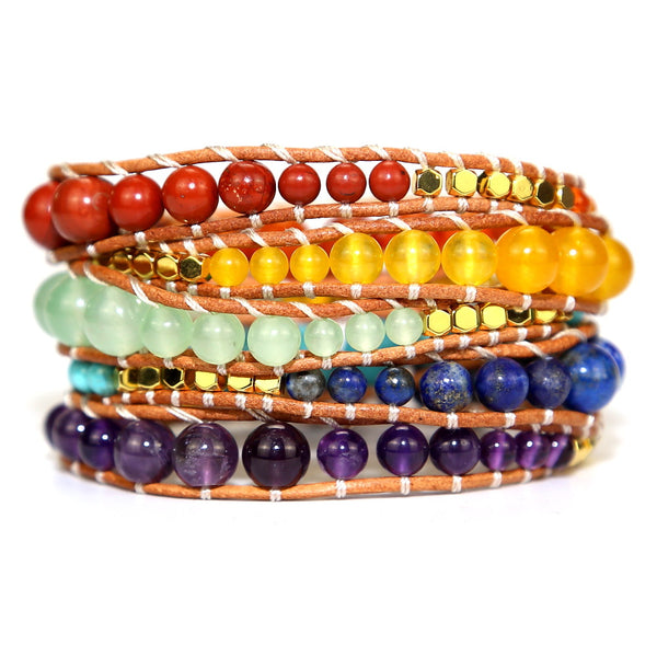 Natural Stone Crystal Metal Beads Beaded Bracelet, Handmade Woven Bohemian Boho Multilayer Adjustable Bracelet for Women