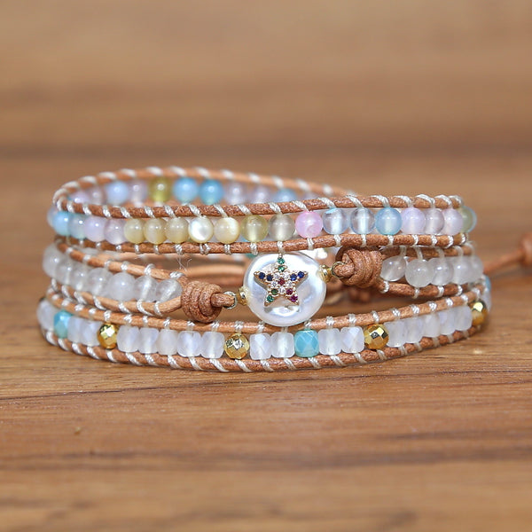 Round Crystal Beads Hand Woven Multi-layer Leather Rope Beaded Adjustable Bracelet for Women