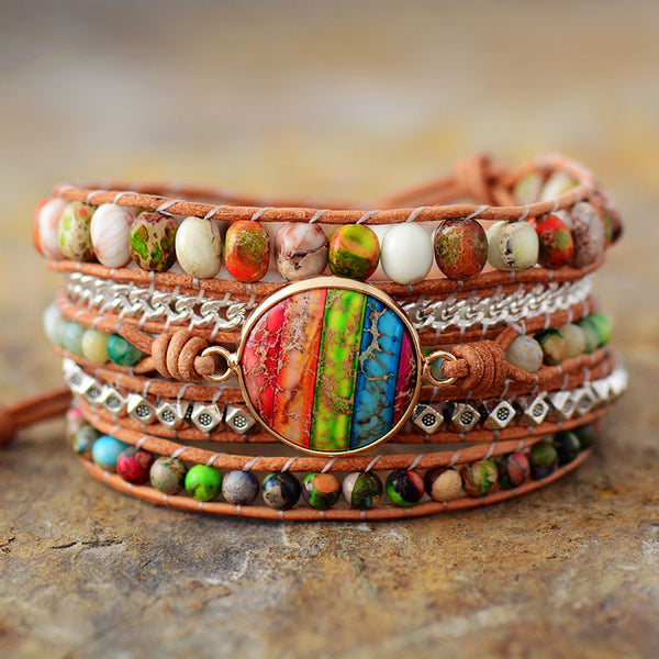 Boho Bohemian Handcrafted Multi-Layer Bracelet with Leather Rope, Natural Stone Beads Beaded Bracelet for Women