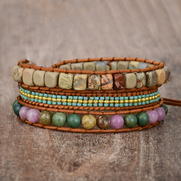 Natural Stone Beads Beaded Adjustable Bracelet for Women, Handmade Bohemian Boho Multi-layer Winding Handmade Woven Bracelet