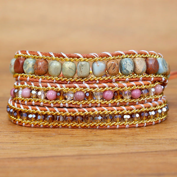 Handmade Bohemian Boho Natural Stone Crystal Mixed Beads Weaving Beaded Adjustable Bracelets for Women with Leather Rope