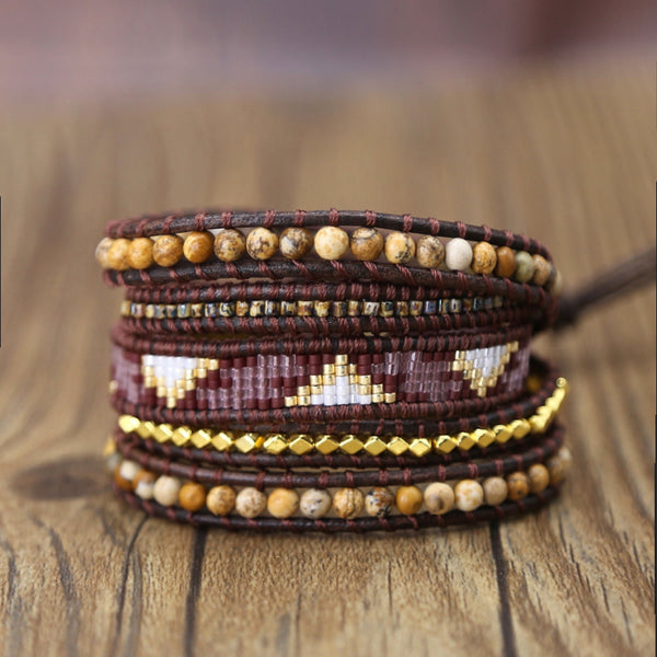 Vintage Style Stone Beads Beaded Bracelet for Women, Bohemian Boho Handmade Woven Multilayer Adjustable Bracelet