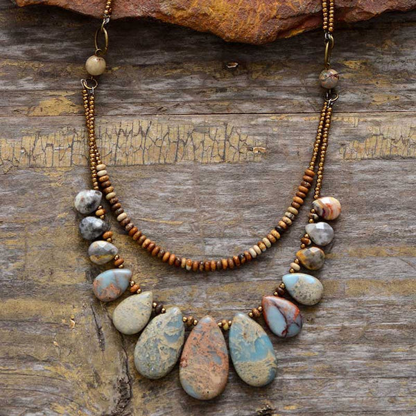 Double Layered Bohemian Boho Stone Beads Beaded Necklace for Women