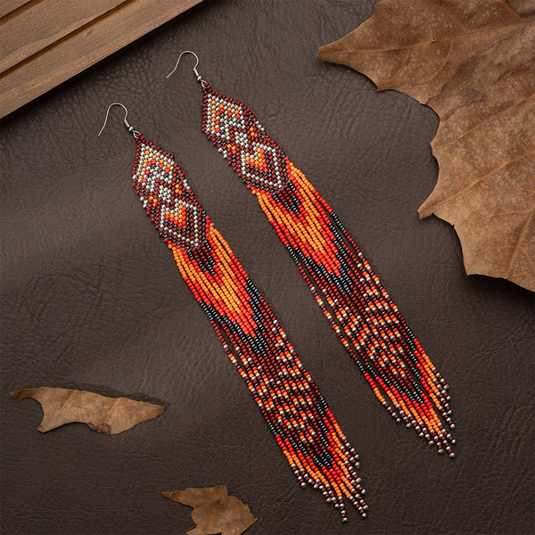 Red Native Long Beaded Dangle Earrings for Women, Bohemian Boho Statement Handmade Long Beads Tassel Drop Earrings