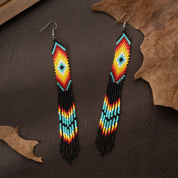 Yellow Native Long Beaded Dangle Earrings for Women, Bohemian Handmade Long Beads Tassel Drop Earrings