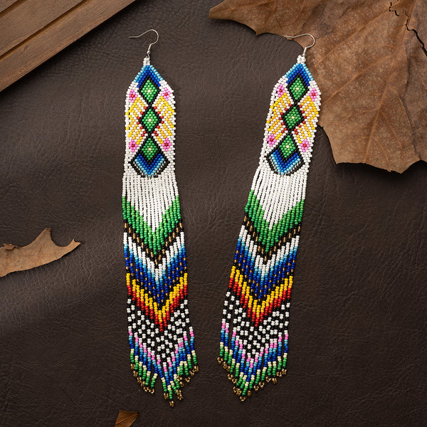 Colorful Native Long Beaded Dangle Earrings for Women, Bohemian Boho Statement Handmade Long Beads Tassel Drop Earrings