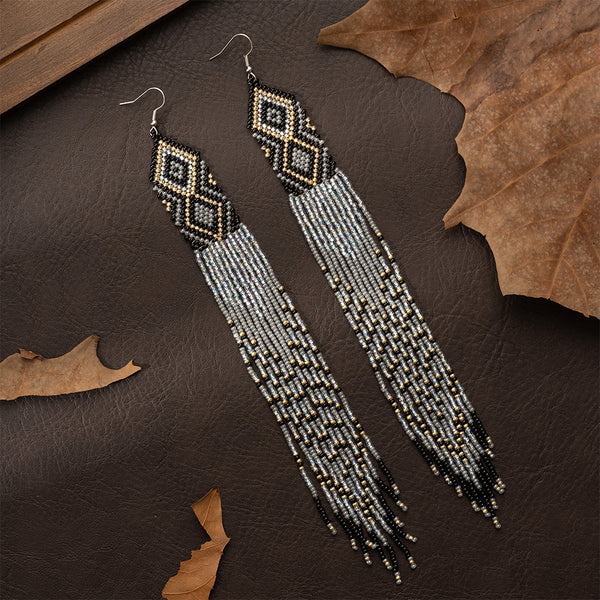 Native Long Beaded Dangle Earrings for Women, Bohemian Boho Statement Handmade Long Beads Tassel Drop Earrings