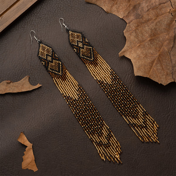 Brown Native Long Beaded Dangle Earrings for Women, Bohemian Boho Statement Handmade Long Beads Tassel Drop Earrings