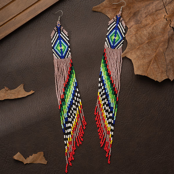 Pink Native Long Beaded Dangle Earrings for Women, Boho Statement Handmade Long Beads Tassel Drop Earrings